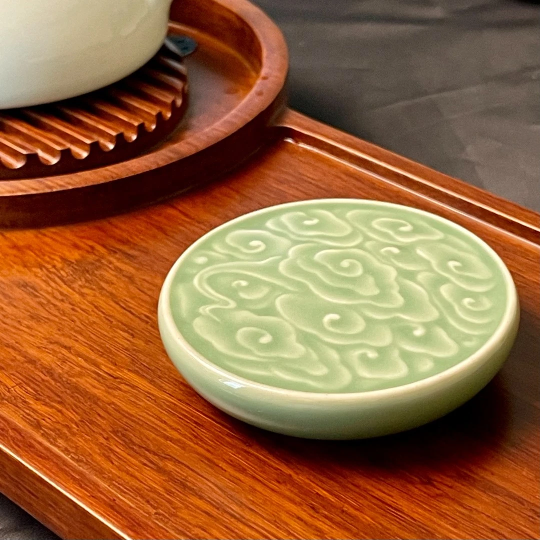 青瓷梅子青祥云团盖置杯托杯置天青全手工龙纹中式茶具陶瓷圆形