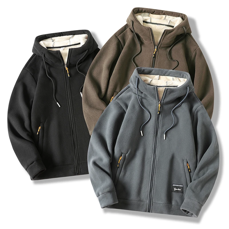 青少年摇粒绒外套男士加绒加厚冬季保暖抓绒衣连帽外套男宽松上衣