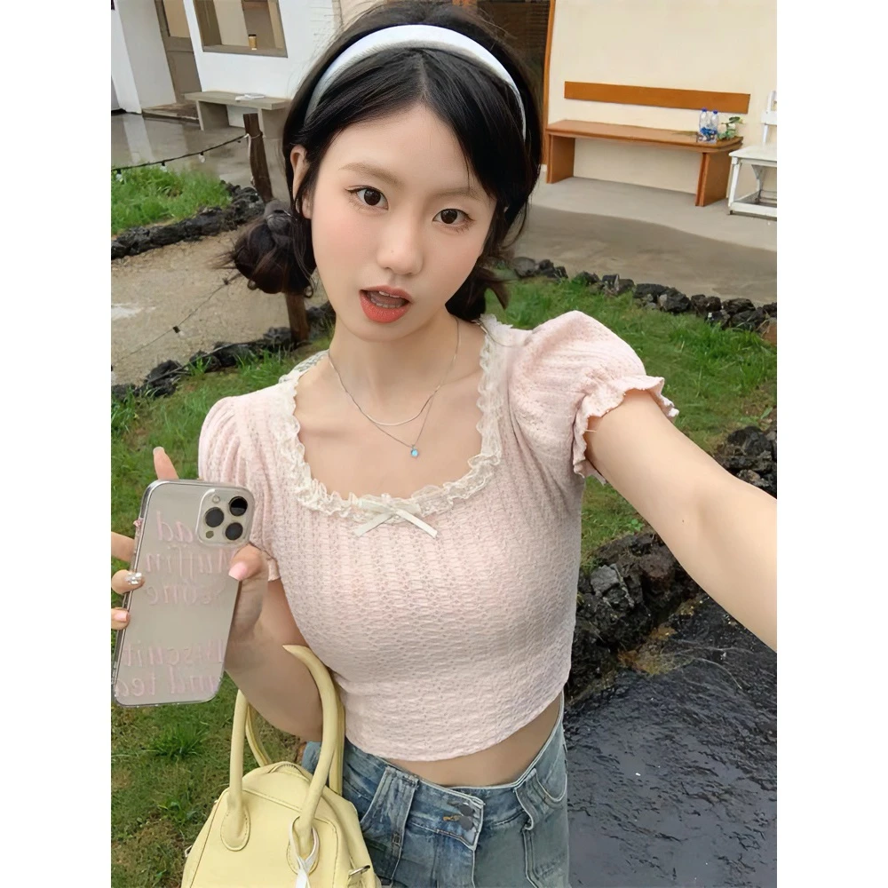 法式方领蕾丝边短袖t恤女夏季芭蕾风温柔甜辣chic泡泡袖短款上衣