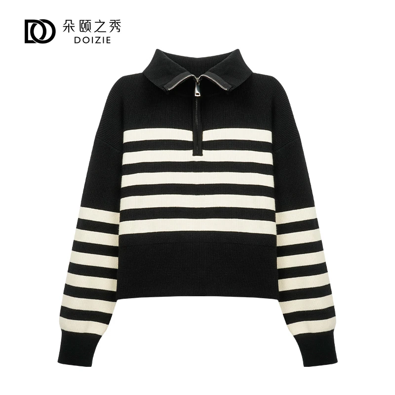 朵颐之秀 l 陪伴岁月 条纹拉链大翻领针织衫 D-22235