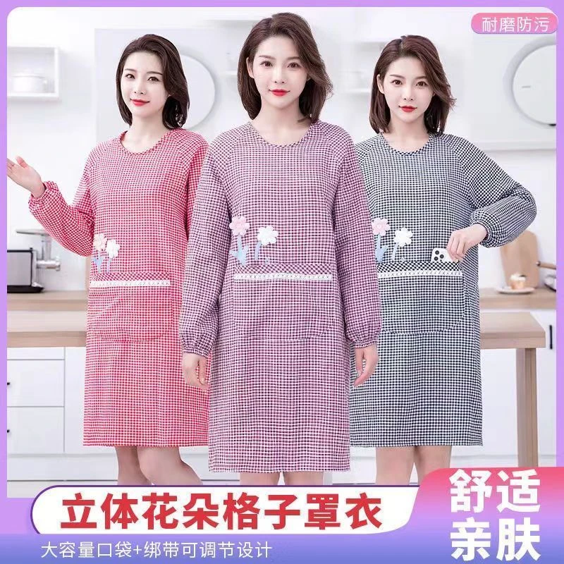 棉布围裙长袖男女家用厨房做饭防污反穿衣连袖罩衣加厚耐脏工作服