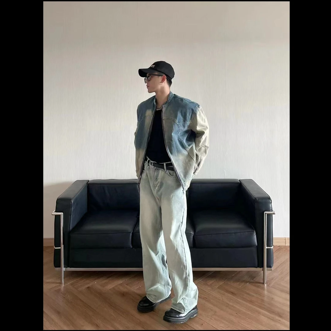 【Kizz】美式复古浅蓝垂感做旧ins男女同款牛仔裤