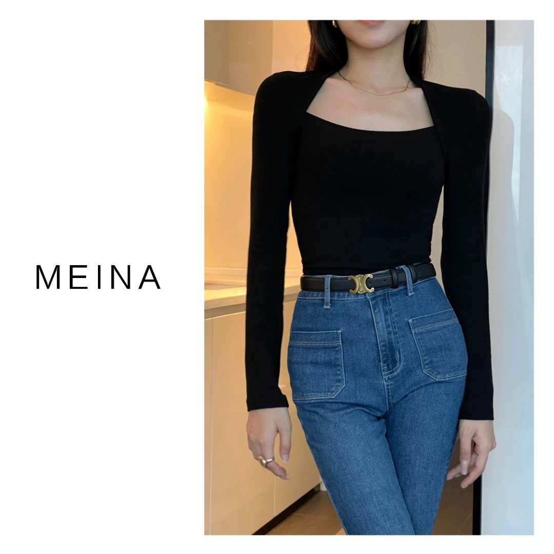 MEINA(暗夜蔷薇]2023新款长袖挂脖百搭上衣挂脖上衣网红长袖上衣