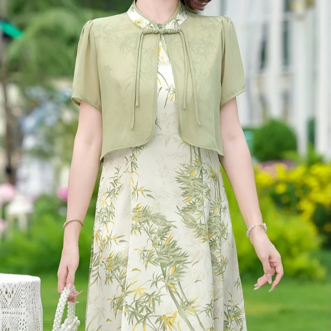 2024夏季新款妈妈国风连衣裙两件套中年女时尚民国风短袖裙子套装