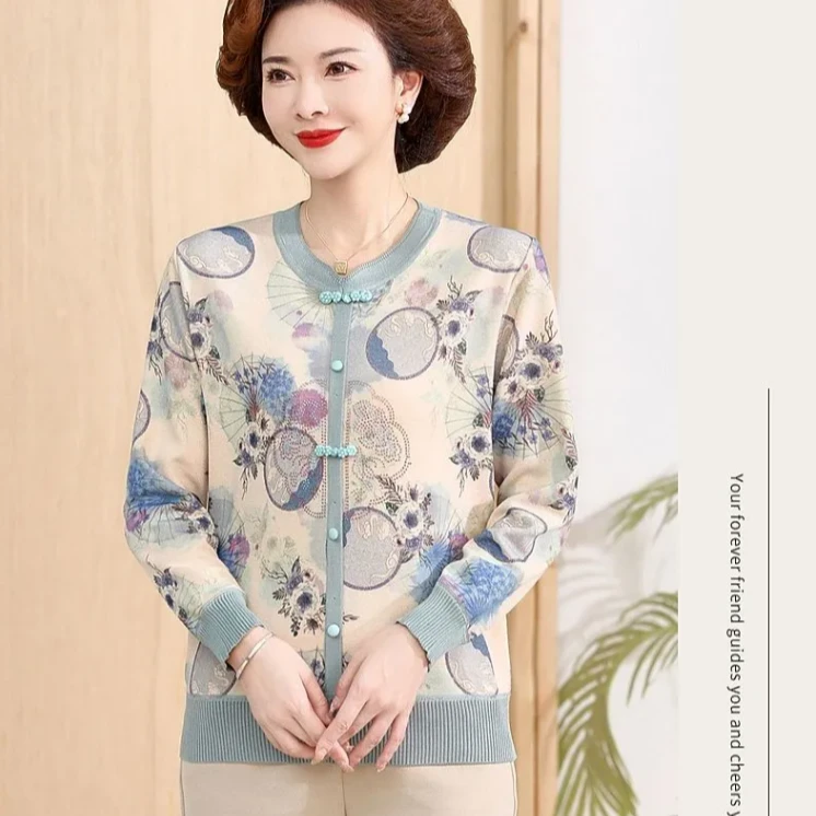 中老年妈妈秋装长袖T恤印花女装针织打底衫早秋新款洋气薄款上衣