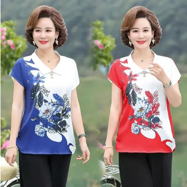 新款夏季落肩袖雪纺衫短袖洋气女时尚中年妈妈大码宽松百搭显瘦潮