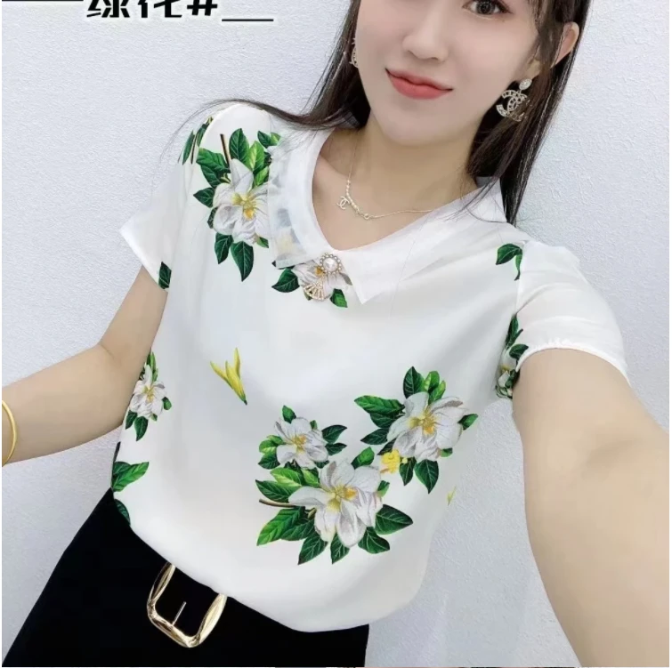 新款夏季衬衫短袖高端洋气显瘦时尚碎花雪纺娃娃领上衣减龄休闲