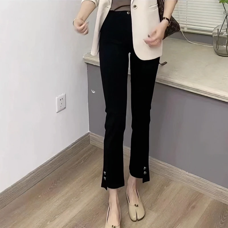 春夏季新款高弹修身显瘦中高腰裤脚两颗扣直筒休闲九分铅笔烟管裤