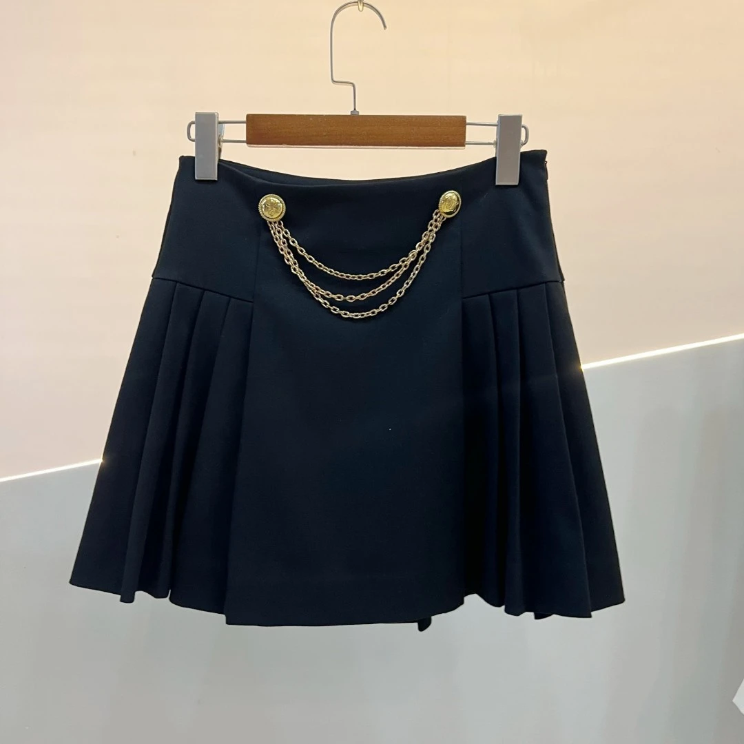 【花老板南油供应链】金属扣链条高腰显瘦气质A字百褶半身裤裙