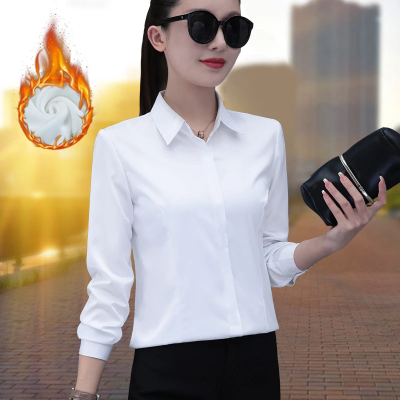 加绒加厚白衬衫女长袖2025年冬季新款职业修身工作服保暖内搭上衣