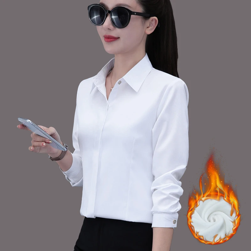 衬衫女加绒长袖职业2024冬装新款韩版修身工作服加厚正装白色衬衣