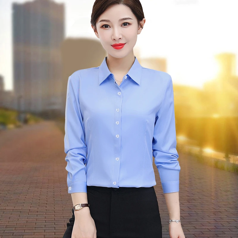 免烫蓝色衬衫女长袖2025春秋新款韩版正装气质工作服上衣职业衬衣