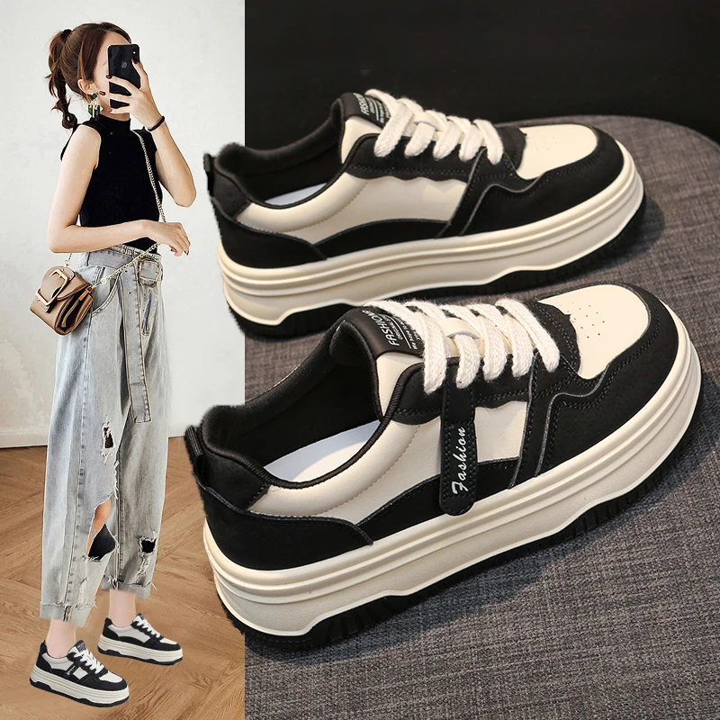 美拉德板鞋女2023新款秋冬季加绒百搭真皮厚底休闲运动学生小白鞋