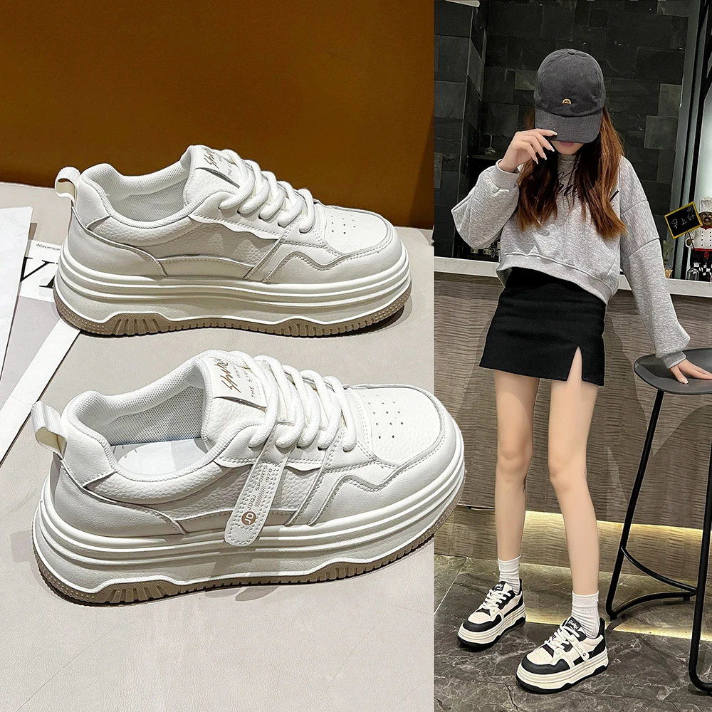 爆款真皮美拉德厚底板鞋女2024春季新款百搭休闲运动鞋学生小白鞋