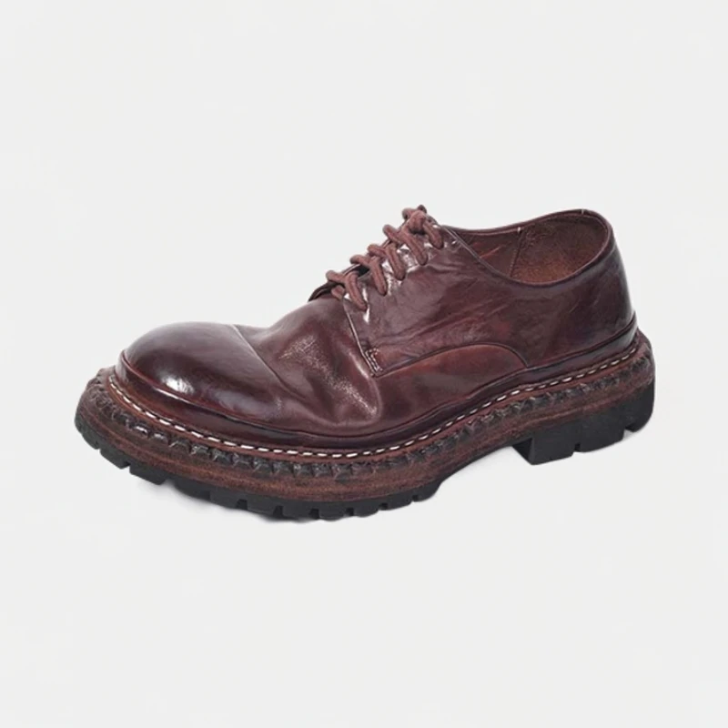 休闲男士皮鞋巨齿鲨大头圆头百搭男鞋厚底真皮美式复古重水洗马皮