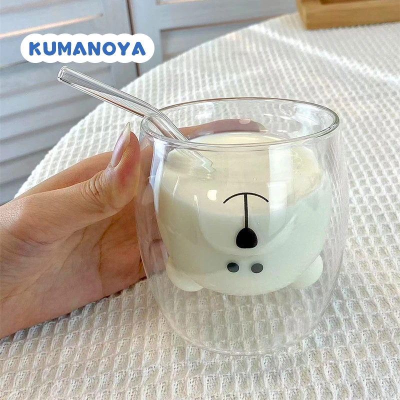 姜妍同款杯子日本熊野屋倒立熊双层玻璃杯办公室隔热咖啡牛奶杯