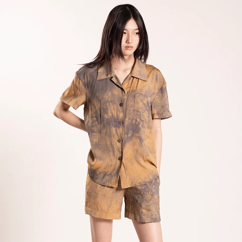 小众时尚废土流浪扎染人丝睡衣家居服可外穿高级感衬衫套装