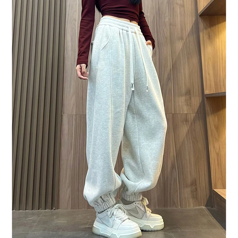 欧货宽松束脚卫裤女春秋新款纯色百搭松紧腰加绒运动休闲裤子香蕉