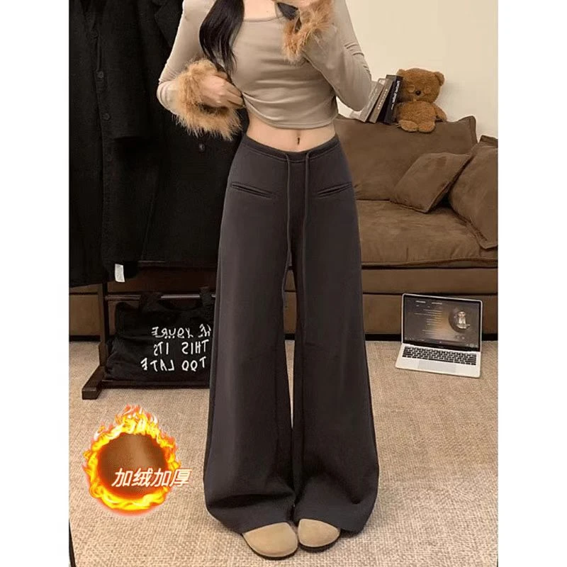 秋冬季加绒慵懒风灰色抽绳休闲裤女垂感直筒长裤宽松阔腿拖地长裤