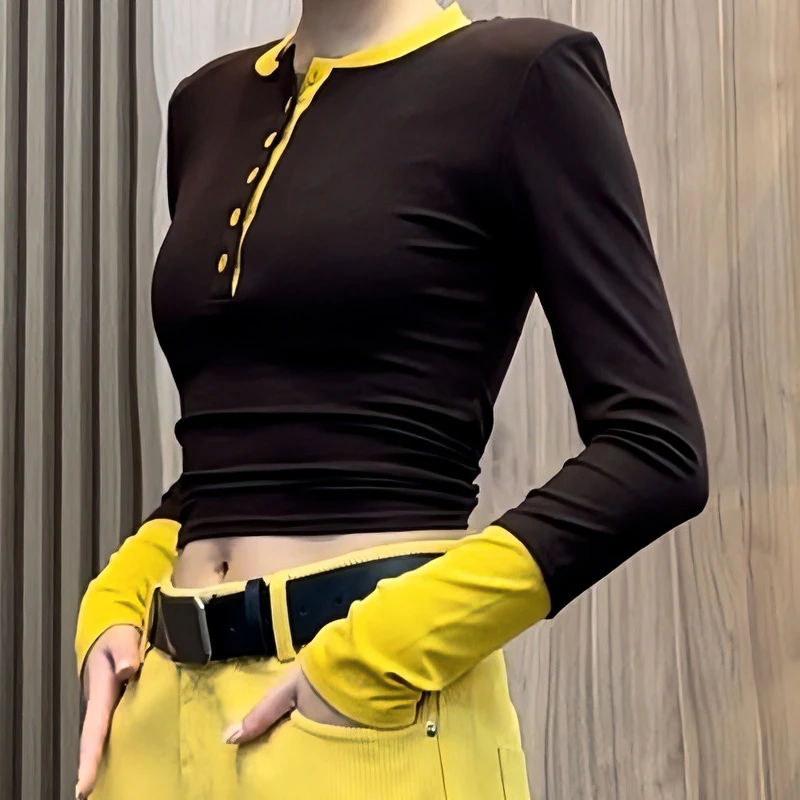 莉）高级感假两件撞色长袖上衣女秋季2025气质显瘦百搭舒适打底衫