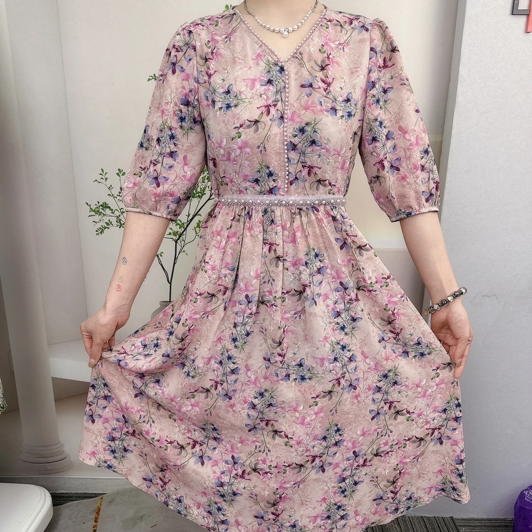【晚香紫玉】女装连衣裙碎花显瘦气质夏季中长款裙子1