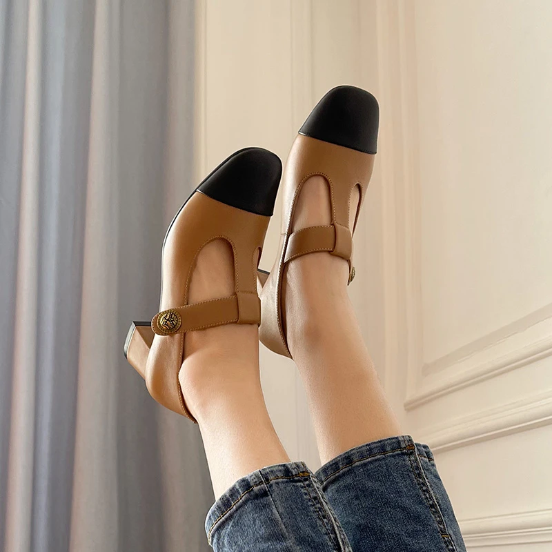 手工高跟鞋女春秋法式粗跟T字扣玛丽珍鞋复古浅口中跟小香风单鞋