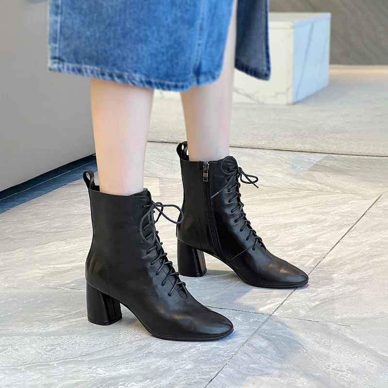 水洗油蜡头层牛皮马丁靴真皮圆头粗跟短靴高跟系带裸靴加绒女靴子