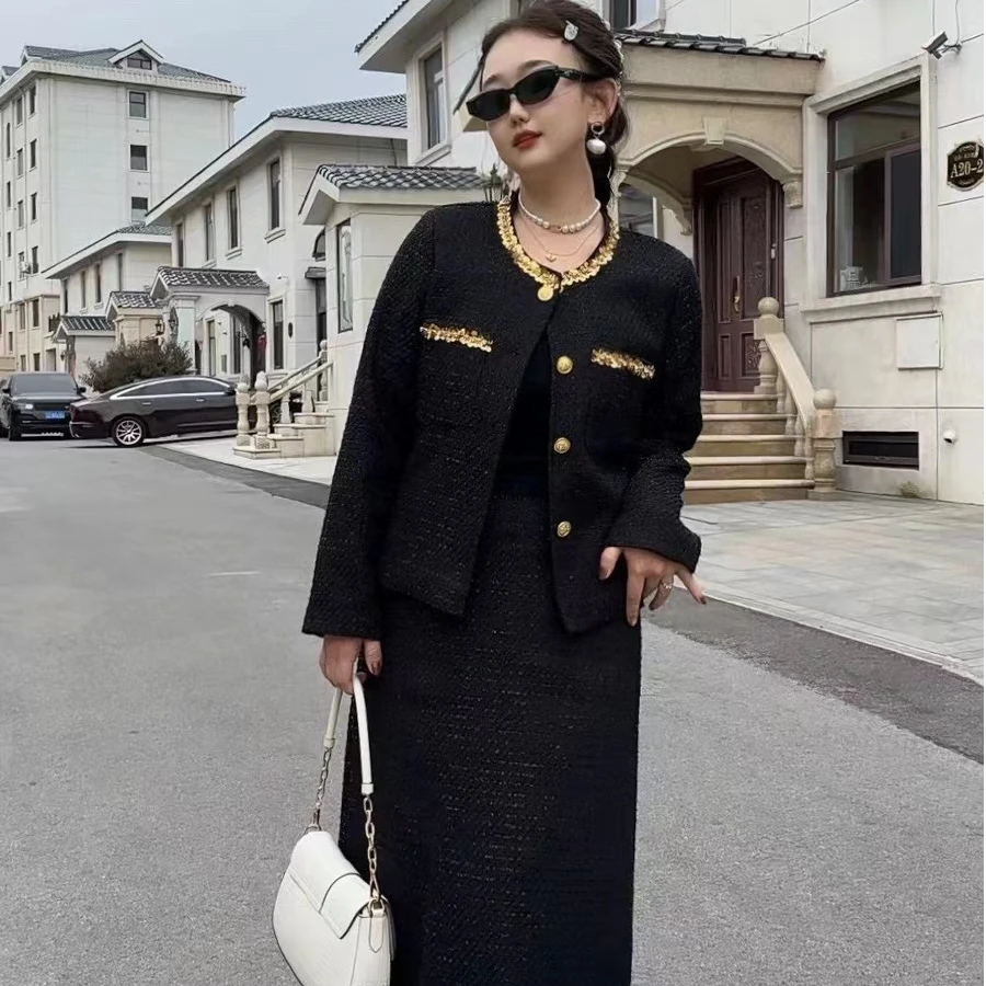 2024大码小香风秋季新款亮片粗纺长袖外套上衣+A字半裙套装