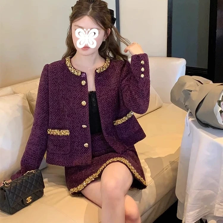 富家千金紫色小香风套装裙女秋冬高级感气质短外套包臀短裙两件套