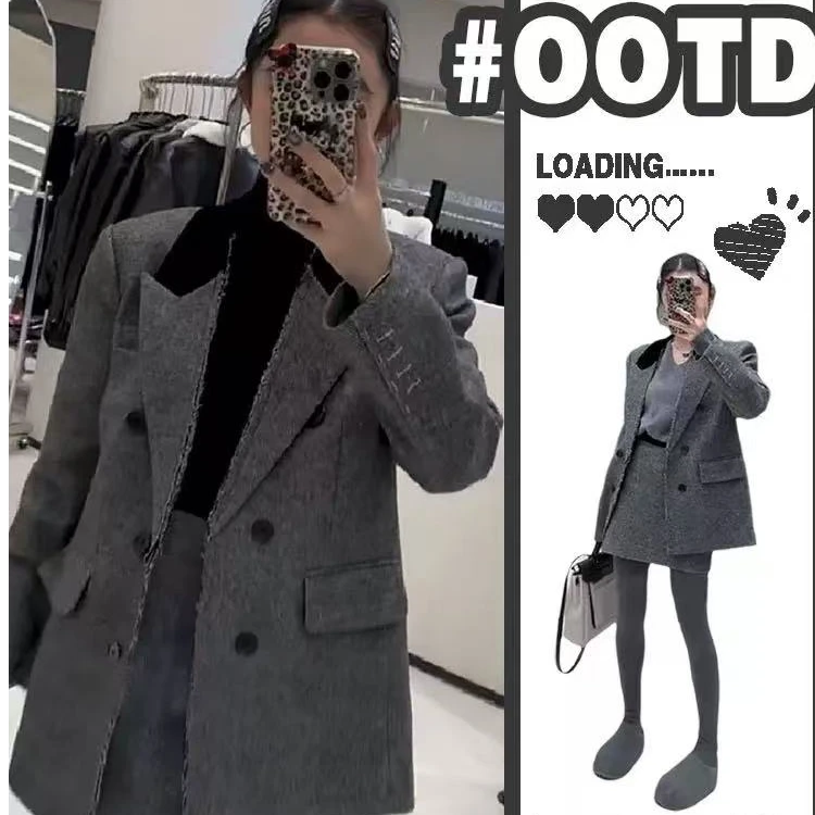 韩系灰色呢呢西装套装裙女秋冬polo领西服外套高腰包臀短裙两件套