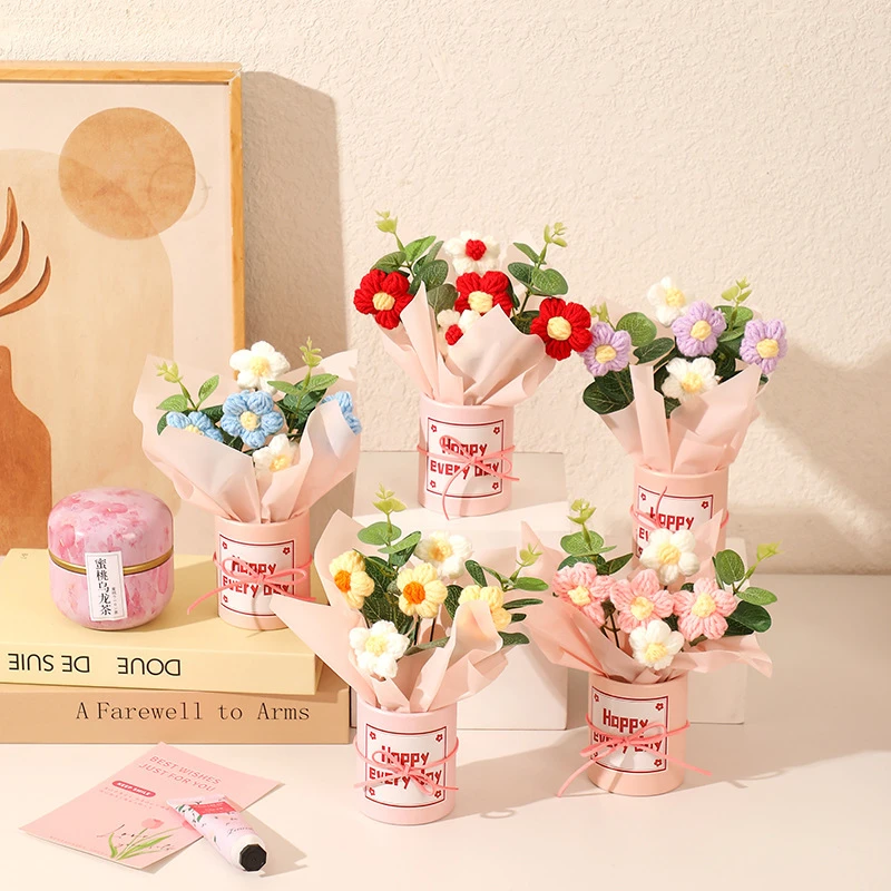 教师节礼物HAPPY手工编织毛线花束抱抱桶摆件送生日礼物成品