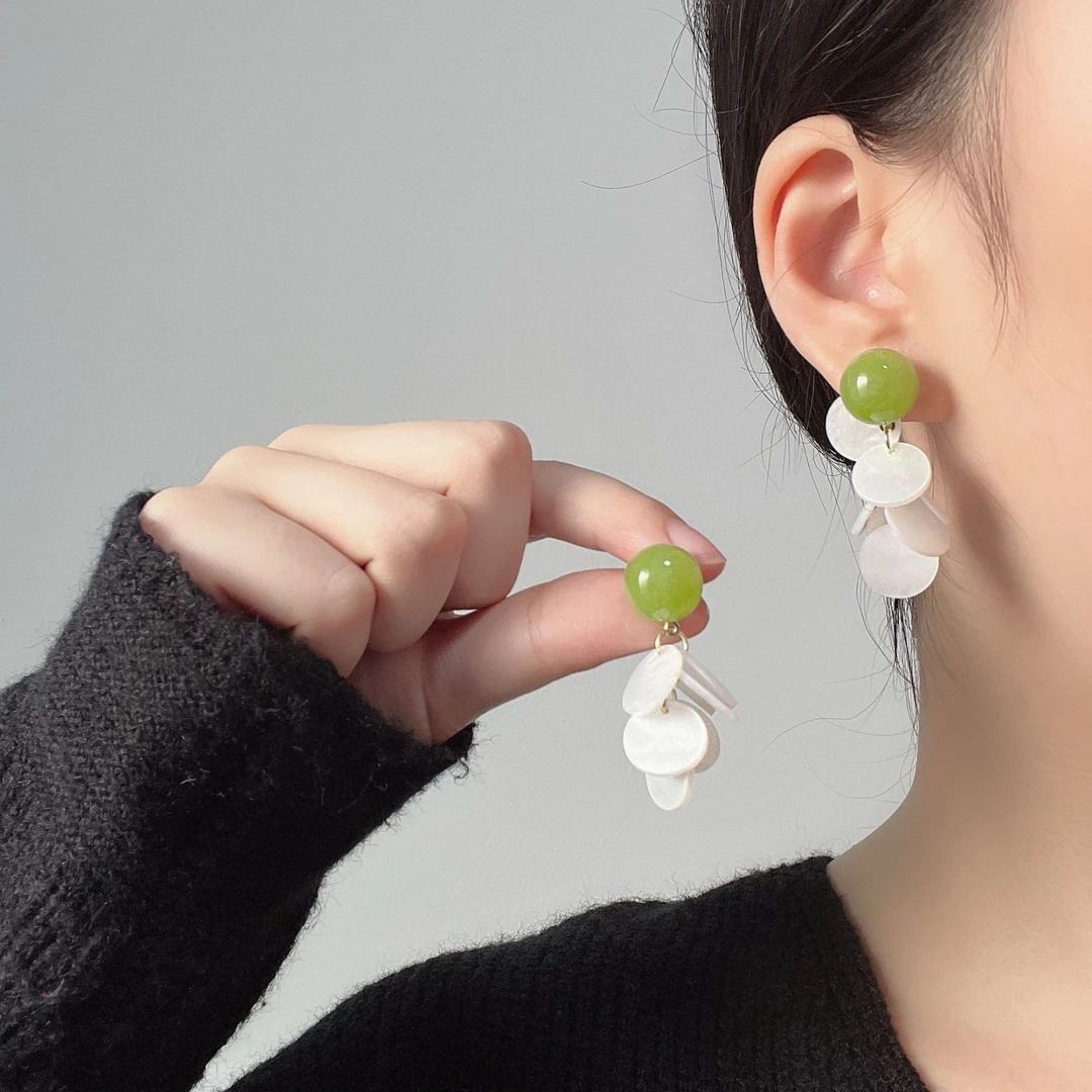 铜合金亚克力耳饰 气质可爱绿色少女古风小众简约长款耳饰QH8013