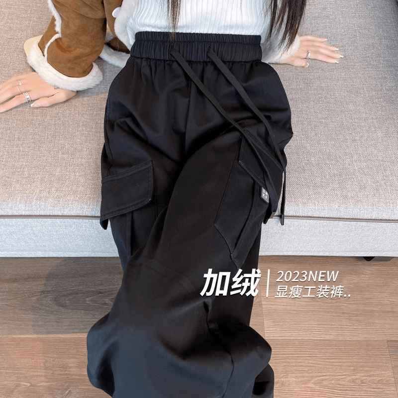 处季工装裤女秋冬季加绒美式冲锋裤小个子黑色束脚显瘦登山运动裤