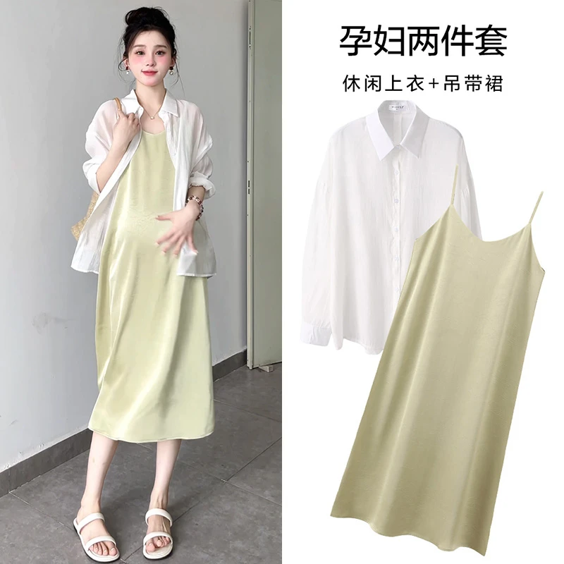 MIDULI夏季孕妇宽松显瘦防嗮开叉衬衫吊带裙套装60321+70471