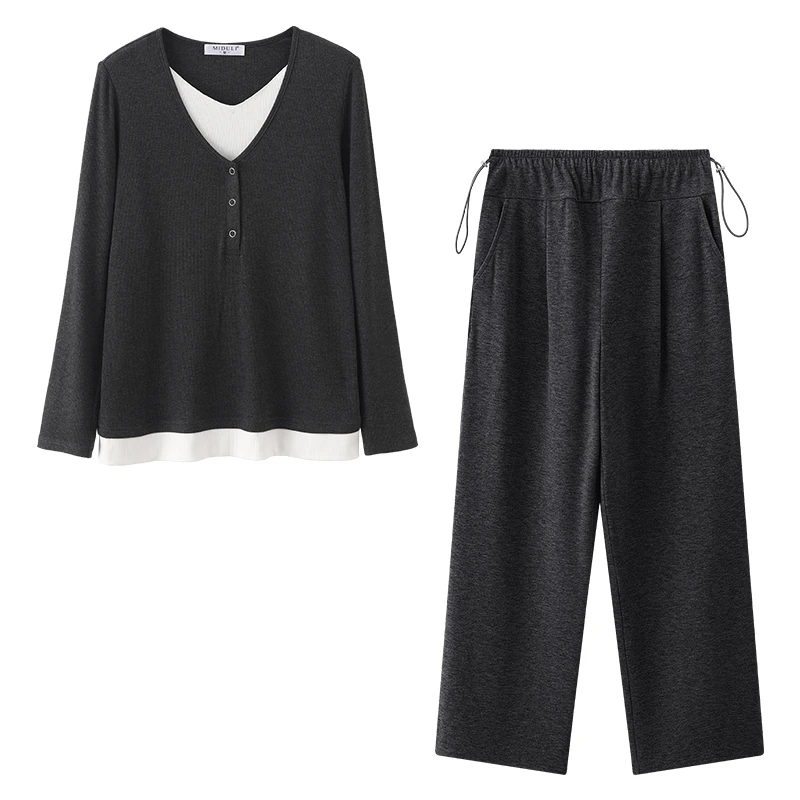 MIDULI孕妇装秋季新款百搭假两件长袖裤子时尚套装60593+51203