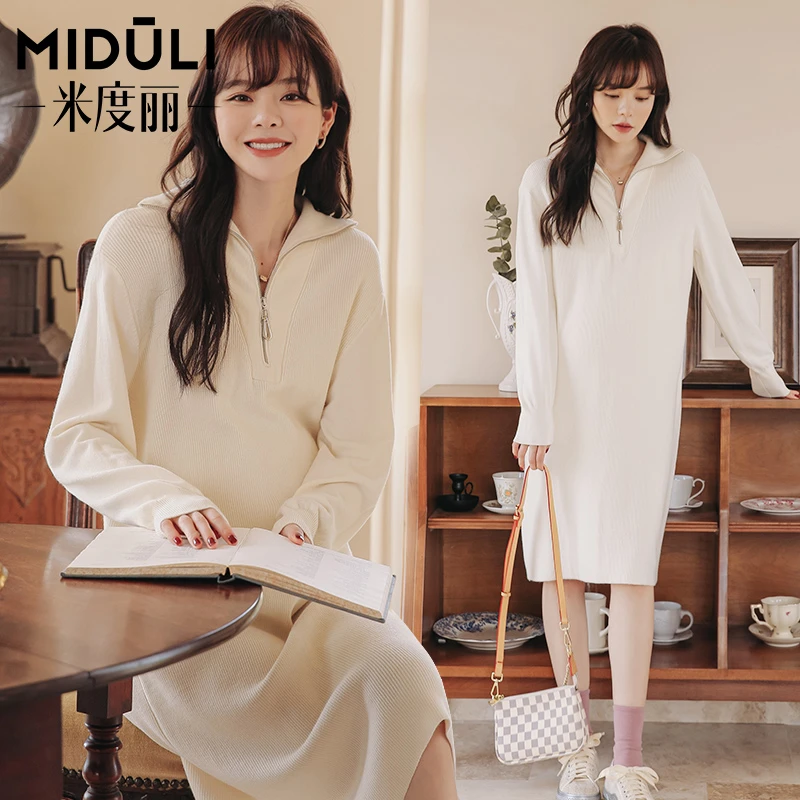MIDULI【浮力专场】孕妇装秋冬翻领针织衫高弹毛衣连衣裙30081