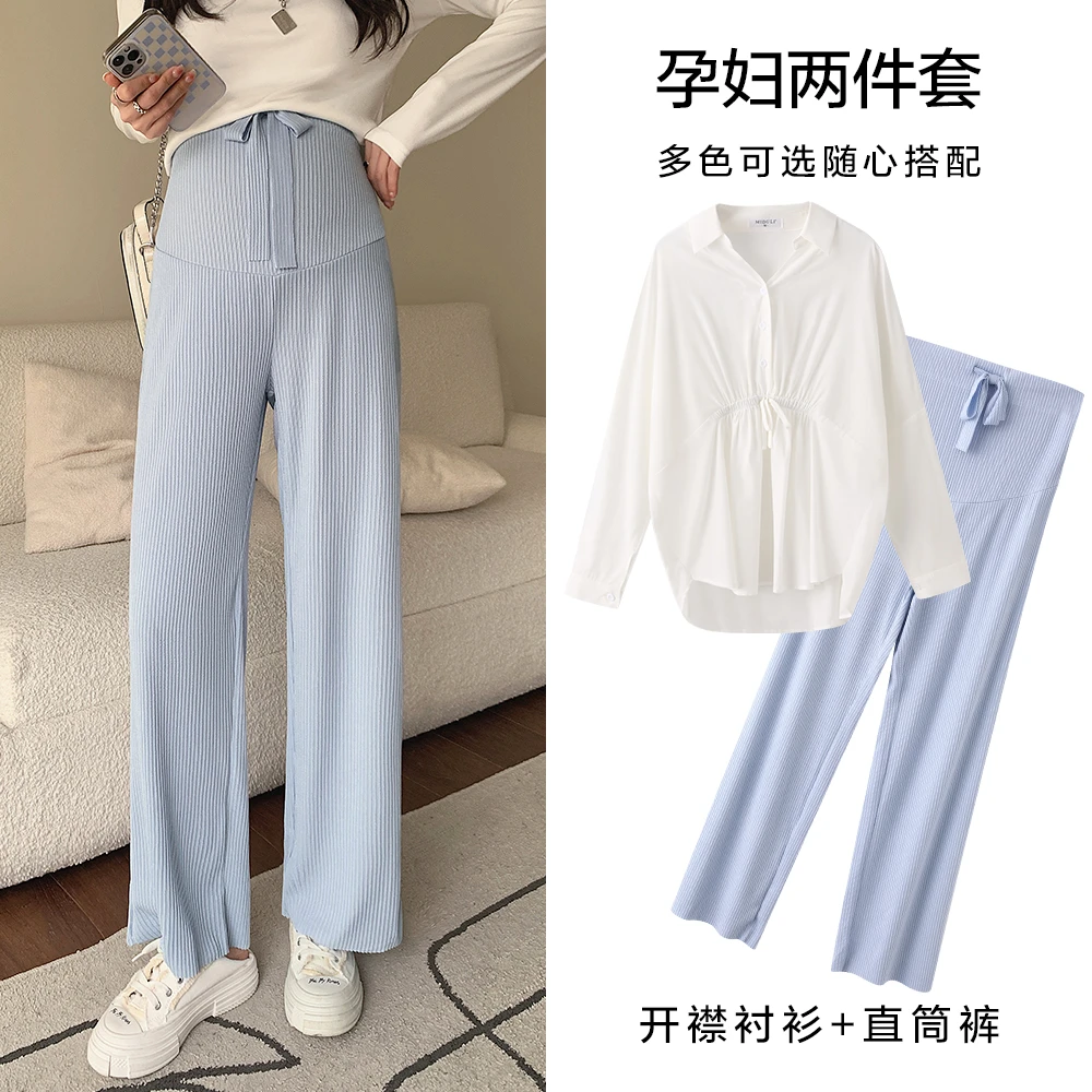 米度丽孕妇套装春秋款气质V领衬衫上衣夏季托腹孕妇裤50145+60271