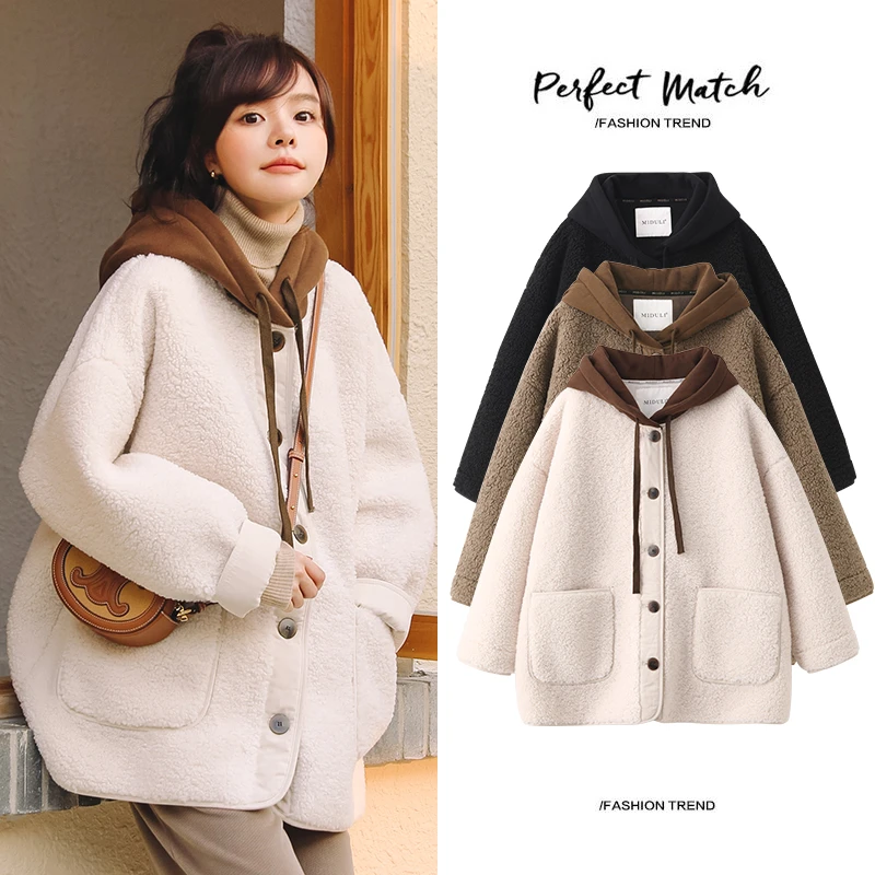 MIDULI【羊羔绒】孕妇装加厚孕妇冬季休闲时尚连帽外套91052