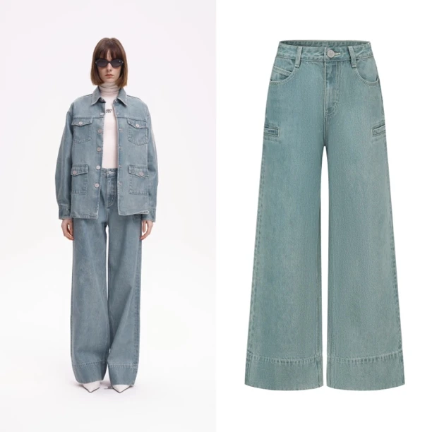 ODTD 设计师品牌2024秋冬新款蓝绿色涂蜡感 双腰头水洗牛仔长裤