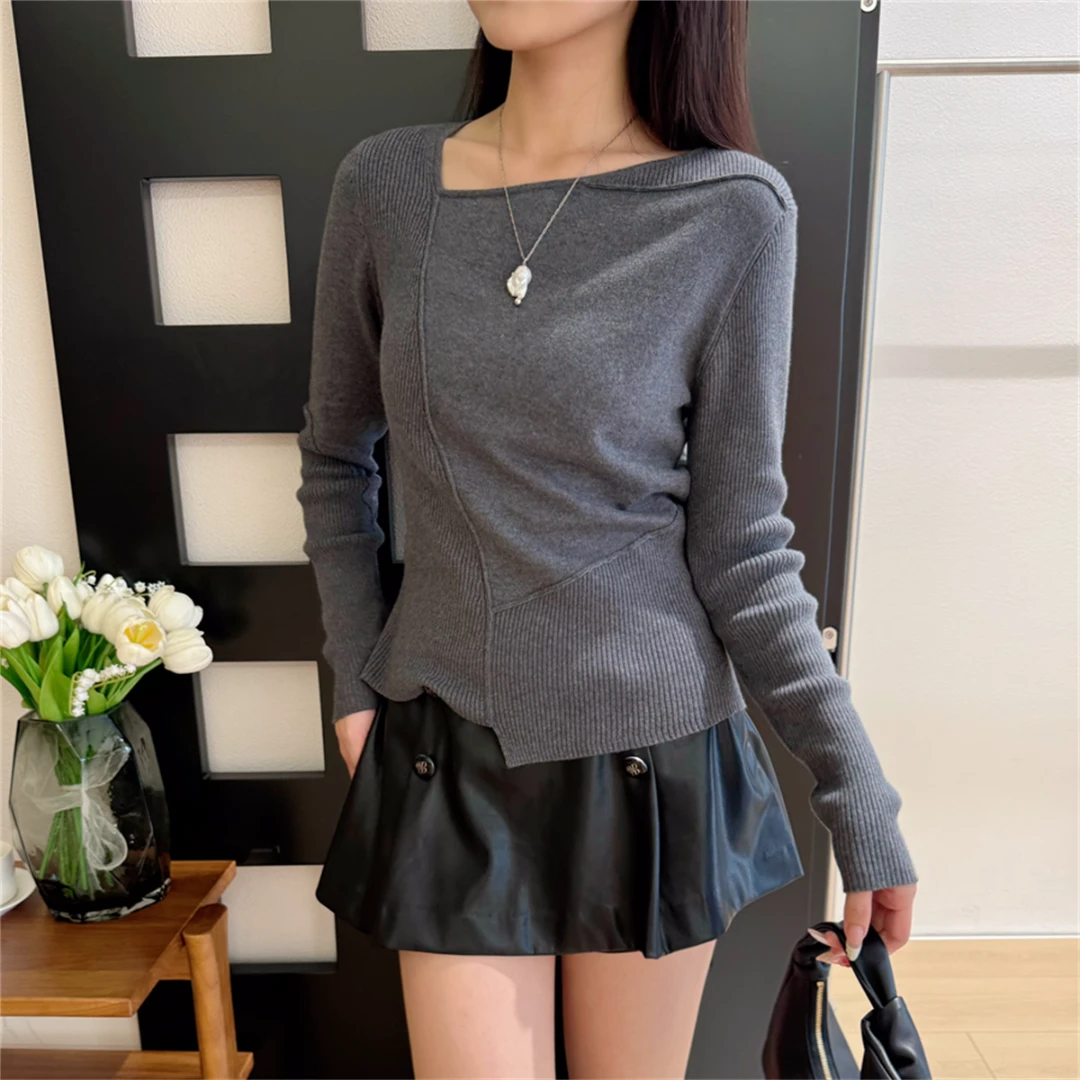 JUNWEI LIN 24 秋冬新款米竭灰色立裁拼接解构长袖针织上衣