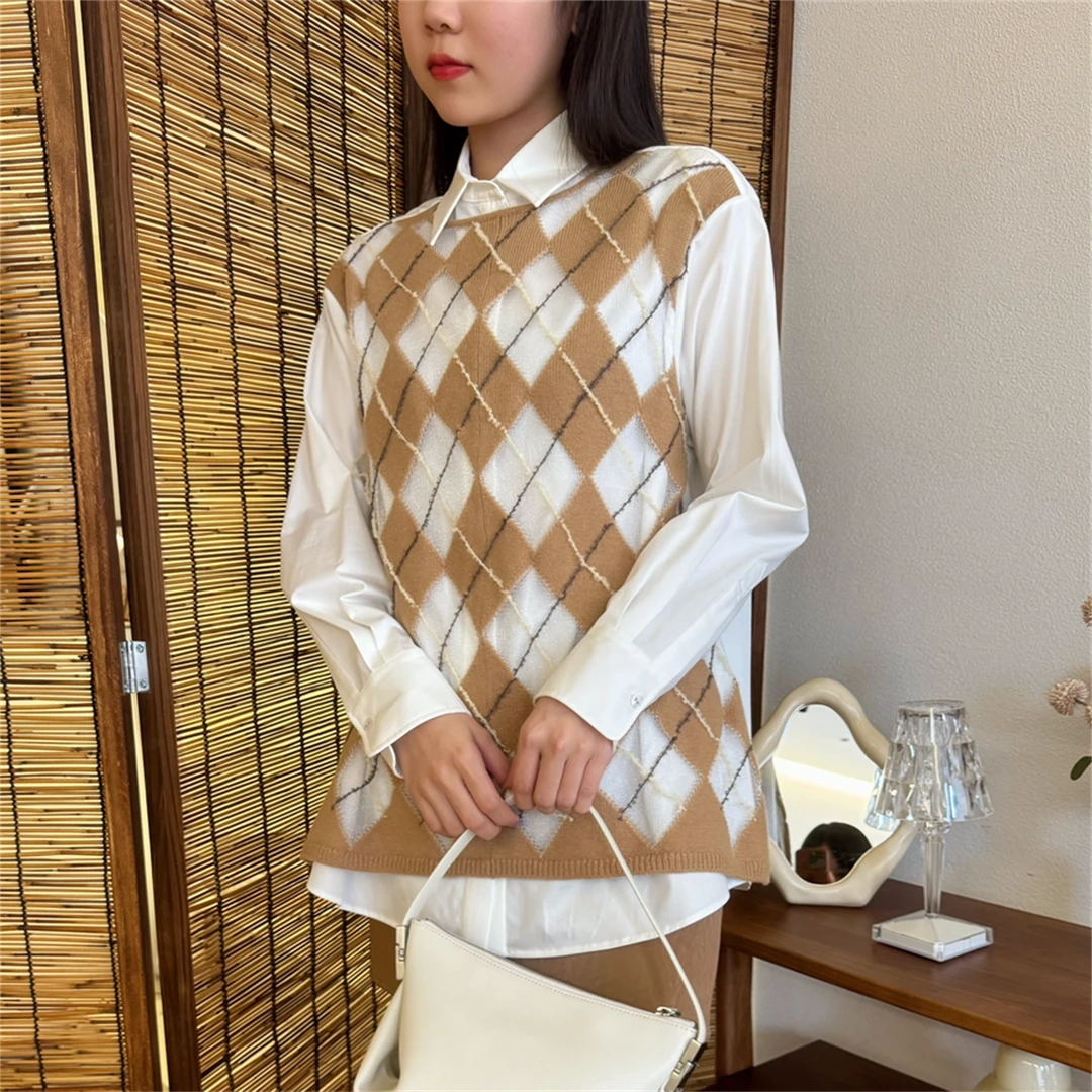 JUNWEILINFW24菱格针织拼接假两件小众白衬衫春秋上衣格子学院风