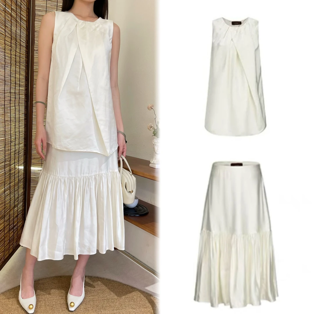 ii sense2024联觉系列秋冬新款高端简约无袖雪白褶皱背心泡泡半裙