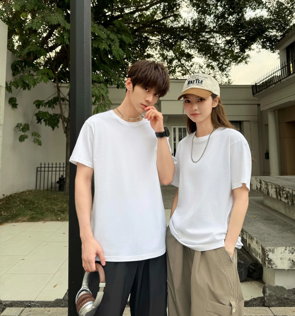 网红百搭220克抗菌新款纯棉T恤韩版纯色休闲百搭圆摆韩版宽松短袖