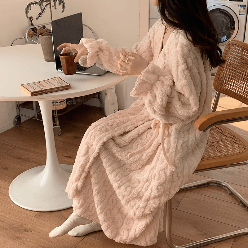 秋冬季长款加厚加绒毛绒睡衣女士珊瑚绒和服睡袍浴袍晨袍甜美睡裙