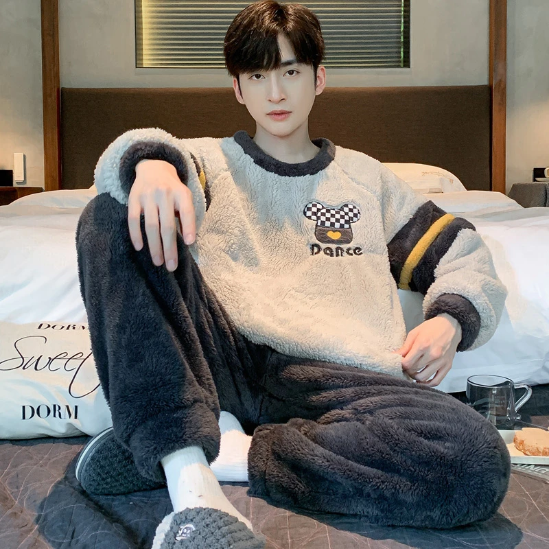 睡衣男款秋冬季珊瑚绒长袖套装保暖冬天男士法兰绒青年宽松家居服