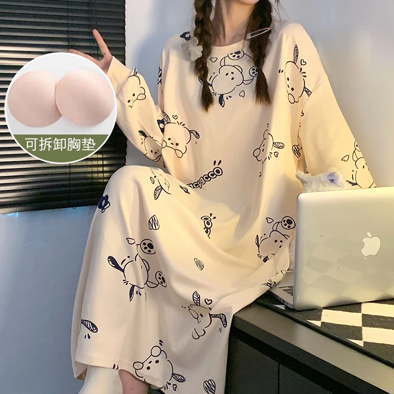 睡裙女士春秋冬季纯棉带胸垫长袖条纹睡衣夏天宽松大码孕妇家居服