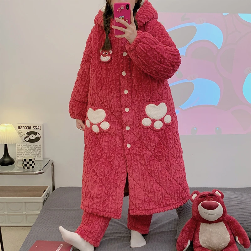 2023秋冬季三层夹棉加绒加厚保暖连帽睡衣睡袍女可外出家居服套装