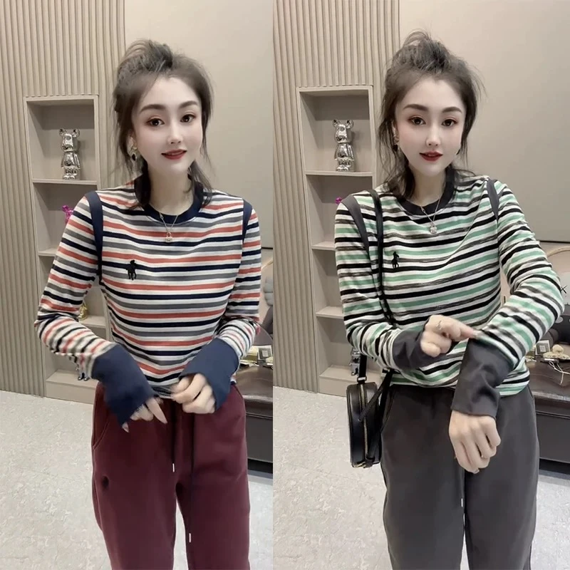 2024新款时尚长袖女T恤设计感条纹打底衫休闲小衫上衣显瘦内搭潮