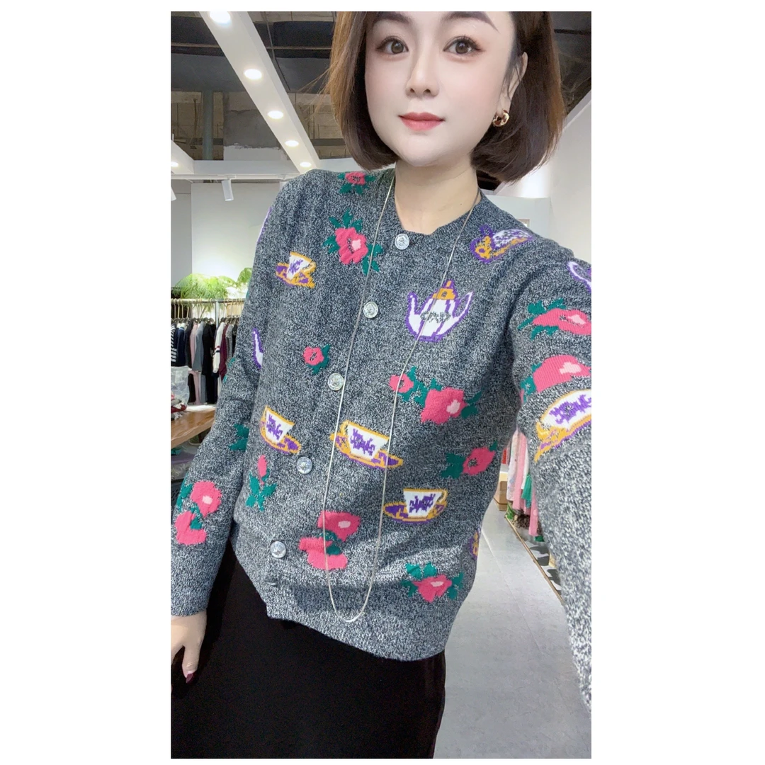 【DJ轻奢】小香风紧致高级重工茶壶花卉双面提花宝石扣针织开衫