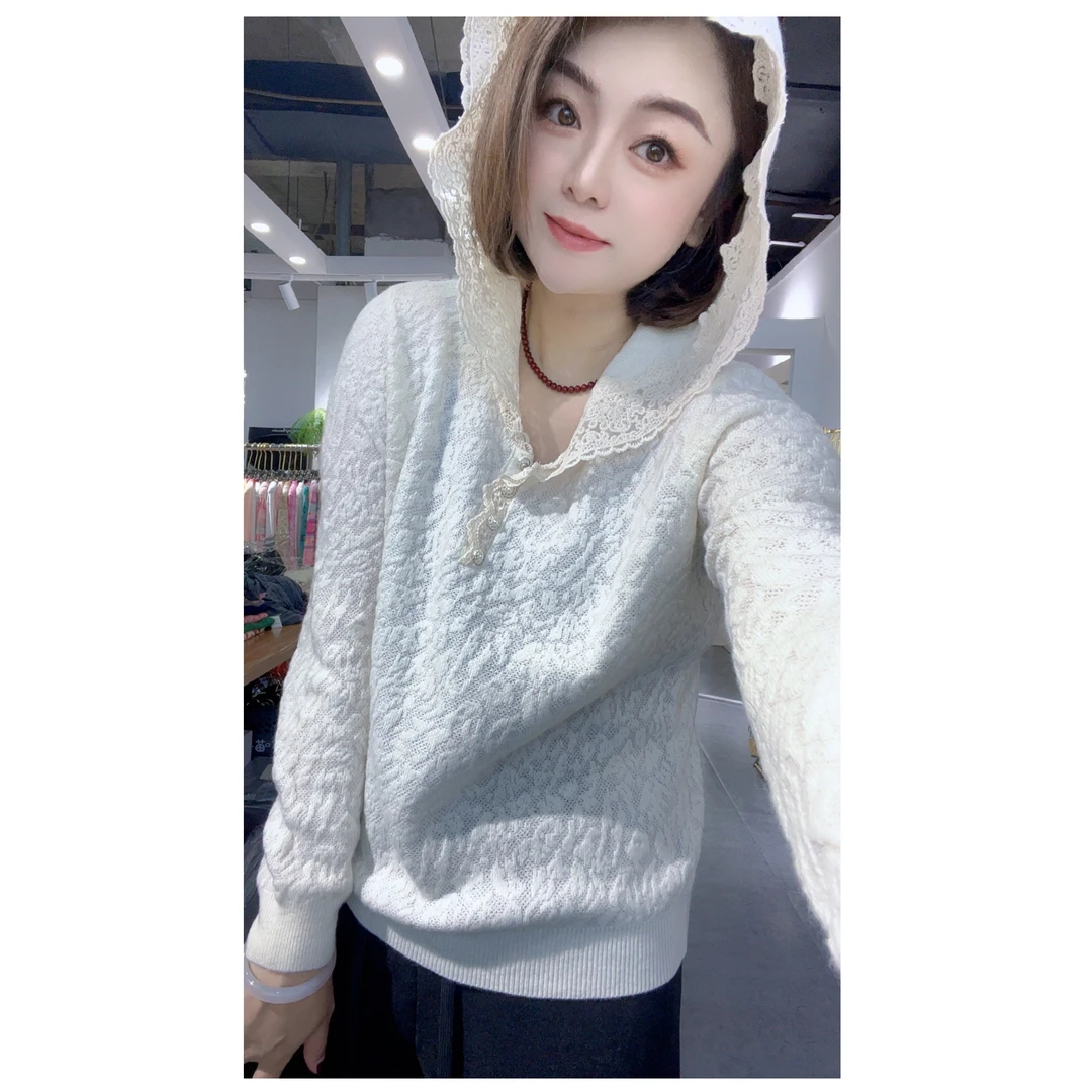 【DJ轻奢】小帽衫全羊毛拼蕾丝连帽针织长袖上衣女 秋冬